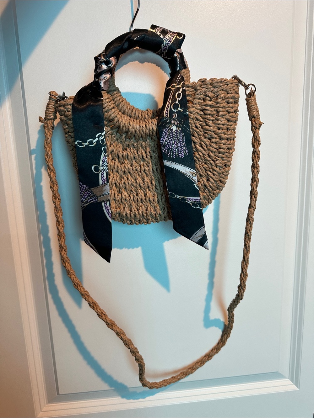 Woven Straw Circle Handle Crossbody with Scarf Accent